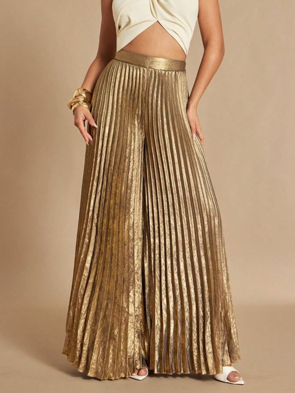 Gold Party Women's Metallic Pleated Long Pants